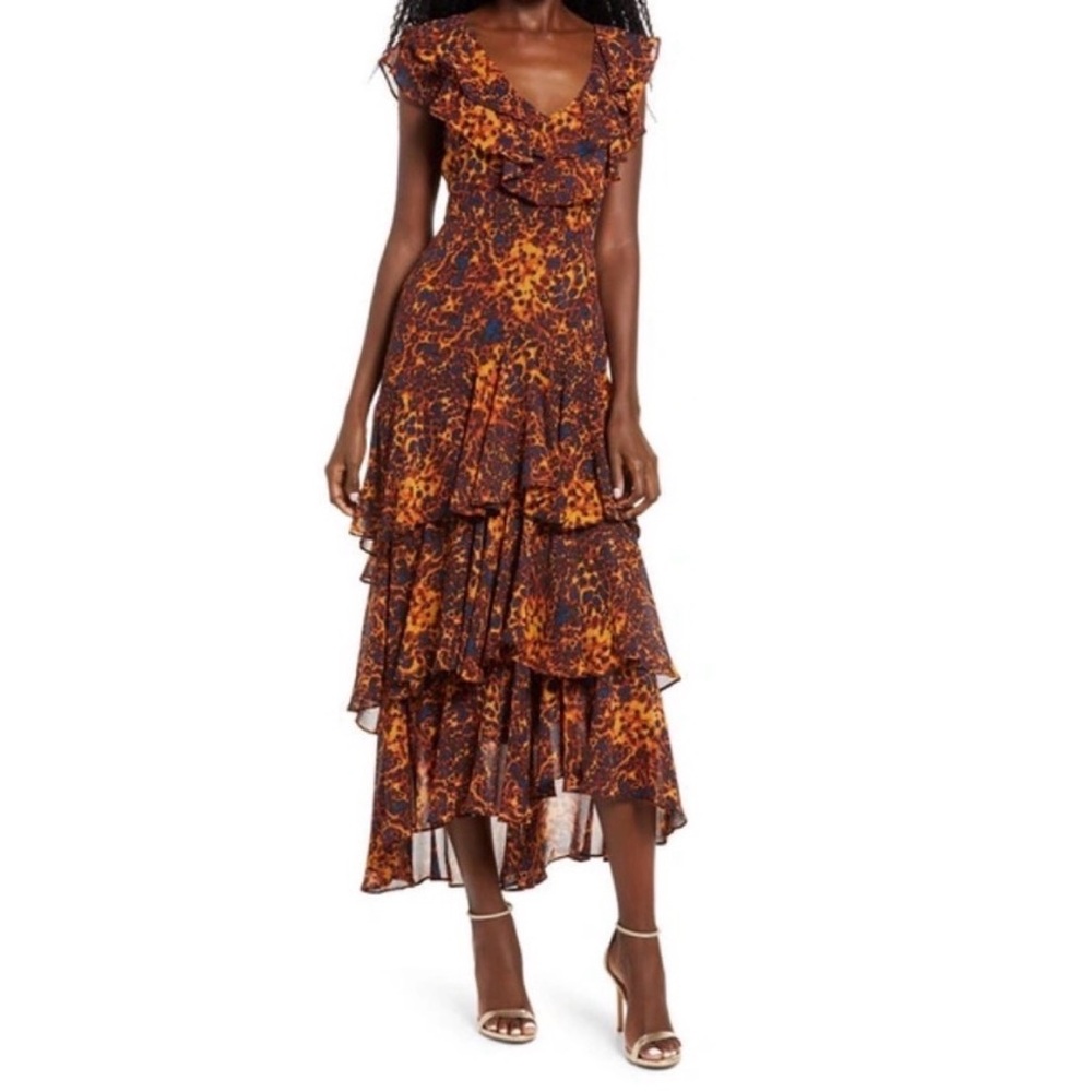 WAYF Elegant Ruffled Tiered Dress in Tortoise - Orange/Navy - 6